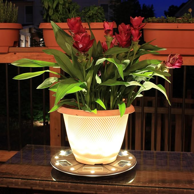 Gama Sonic 15" Illuminated Plant Stand for Outdoor, Solar Power, Brown Base for Exterior Potted Plants, Entryway, Pathway, Landscape Planter Lighting (78i50465)