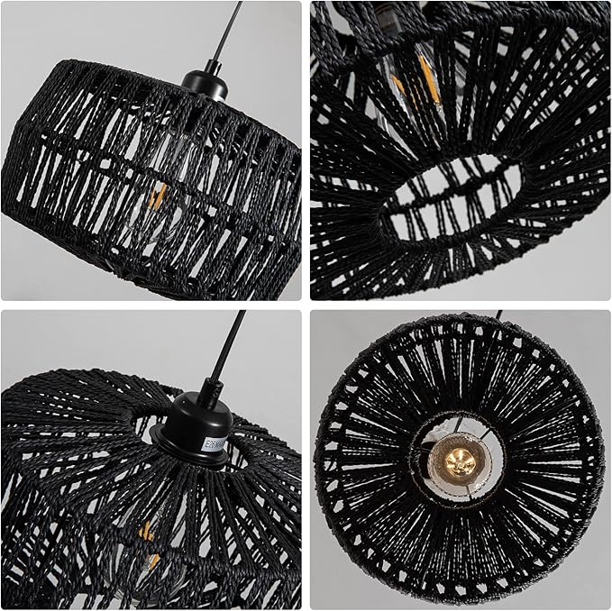 11.42’’ Black Woven Plug in Pendant Light Fixture, Rustic Round Ceiling Hanging Light with Plug in Cord & On/Off Switch for Entry Bedroom Kitchen Island Living Dining Room Foyer