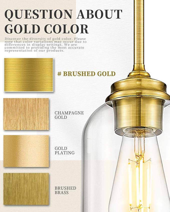 LIROUVET 2 Pack Pendant Lights, Vintage Hanging Lights, Brushed Gold Pendant Lights Kitchen Island with Clear Glass, Pendant Lighting for Dining Room PL02 CLBG-2PK