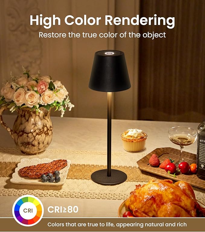 3 Pack Cordless Table Lamp, Portable Battery Operated Lamp with 3 Color Temps and Stepless Dimming, Rechargeable Table Lamp for Dinner, Desk, Cafe, Outdoor (Black)