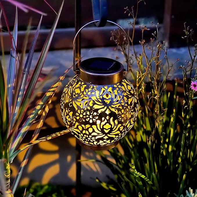 2 Pack Outdoor Solar Hanging Lantern Lights Metal LED Decorative Lamp for Garden Patio Courtyard Lawn and Table with Hollowed-Out Design (Bronze)
