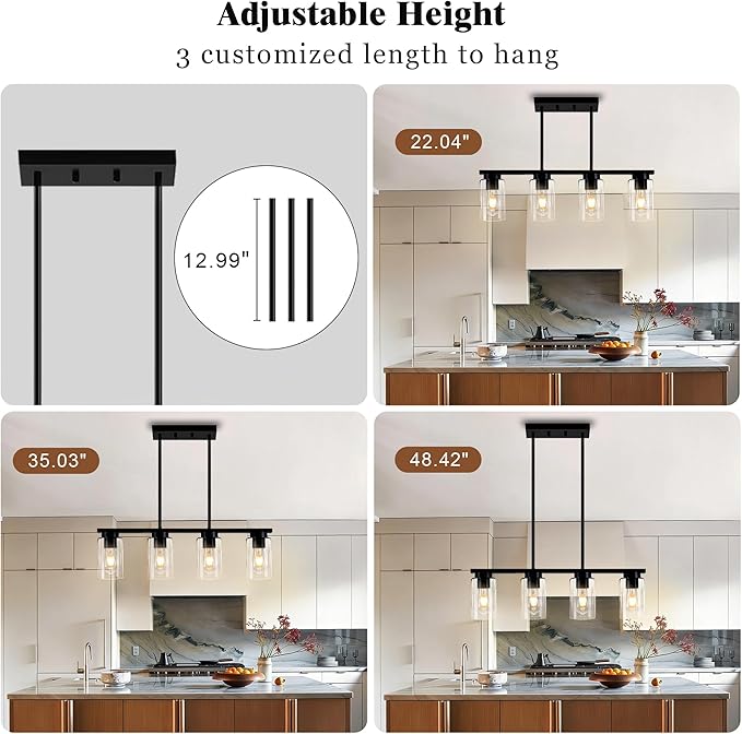 Island Lights for Kitchen,4-Light Black Dining Room Light Fixture Chandeliers for Dining Room Over Table, Modern Kitchen Island Lighting Farmhouse Kitchen Island Light Fixtures Pendant Lights 27"