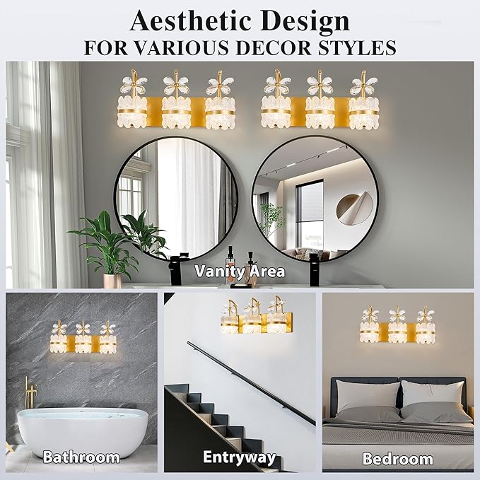 Bathroom Lights Over Mirror - Makeup Lighting Gold - Bathroom Vanity Light with Acrylic Shades for Bath, Makeup Desk, Farmhouse, Hallway, 3-Light