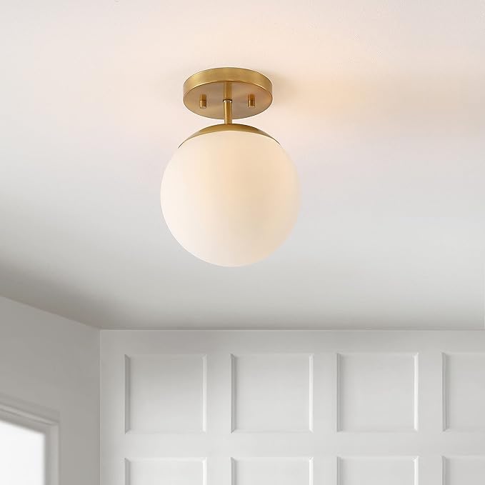 JONATHAN Y 7.75" Brass Gold Modern Semi Flush Mount Ceiling Light, LED Fixture for Entryway, White Frosted Glass Globe Shade, Mid-Century Farmhouse Lighting for Bedroom Hallway JYL7499A