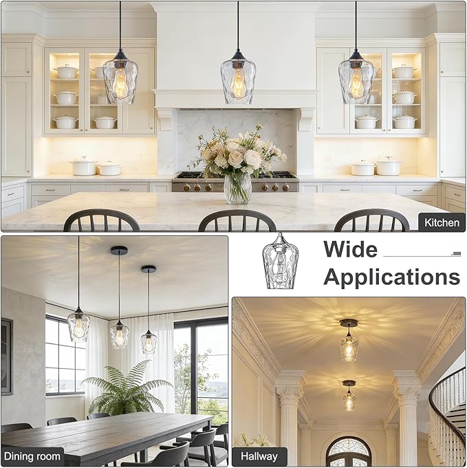 3 Pack Mini 5.1" Glass Pendant Lights Kitchen Island Lighting, Small Black Hammered Glass Pendant Light Fixtures, Black Hammered Glass Island Lights for Kitchen for Dining Room Sink