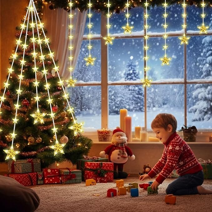 Aurelema 63 Stars Curtain Lights Plug in 9.8 ft 111 LED Christmas Hanging String Light with Remote, 8 Modes Curtain Window Lights for Xmas Home Indoor Outdoor Party Decor(Warm White)