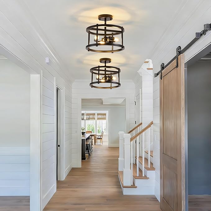 Black Semi Flush Mount Ceiling Light, 3-Light Farmhouse Ceiling Light Fixture for Entryway, Hallway & Foyer, Rustic Black Metal Close to Ceiling Lamp, E12 Base, 12.2 Inch