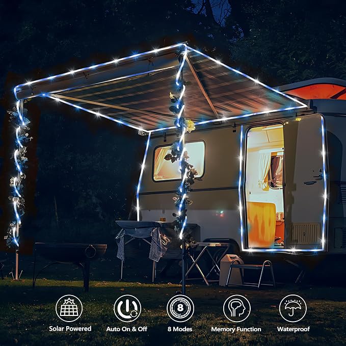 Solar Rope Lights, 2 Pack Total 66ft 200LED Solar String Lights, 8 Modes Waterproof Solar Outdoor Light, Flexible Clear Trampoline Light for Garden Yard Patio Deck Porch Pool Tree Decor - White & Blue