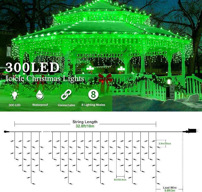33FT 300 LED Icicle Christmas Lights,Waterproof 8 Modes Plug in Curtain Lights with 50 Drops,Green Christmas String Lights for Indoor&Outdoor,Wedding,Party,Bedroom,Home,Wall Decorations