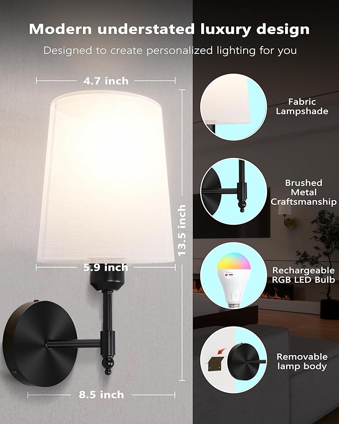 Ouyulong Battery Operated Wall Sconces Set of 2, Wireless Rechargeable Dimmable Wall Light with RGB Bulb and Remote for Bedroom, Living Room, Hallway (Black)