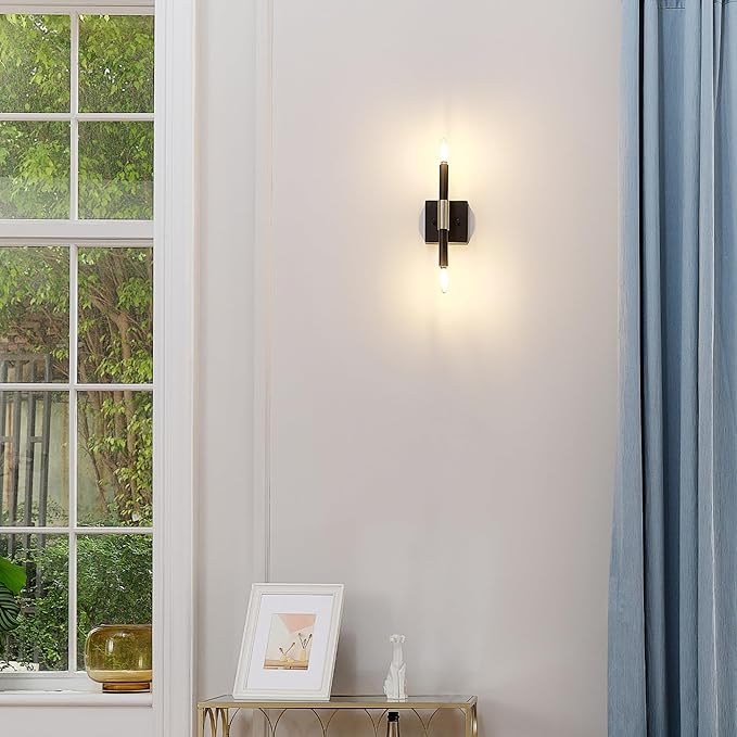 Globe Electric 65000044 2-Light Wall Sconce, Matte Black, Antique Brass Accent, E12 Base Sockets, Lights for Living Room, Home Decor, Lighting, Mounted Bedside Lamp