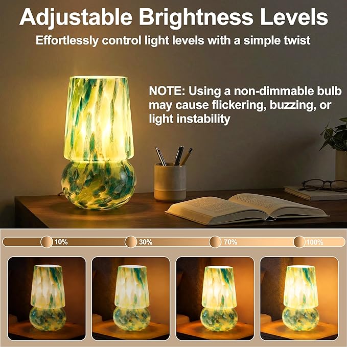 9.8 Inch Mushroom Table Lamp, UL Listed Dimmable Small Desk Bedside Lamp with Woven Beige Cord, Handcrafted Pattern, Murano Home Decor for Bedroom, Living Room, Emerald Teal, No Bulb Included