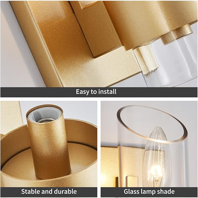 WUZUPS Set of 2 1-Light Bathroom Wall Light Fixture Over Mirror Class Shade Morden Vanity Scones for Bathroom Bedroom Living Room, E12 Base, Gold