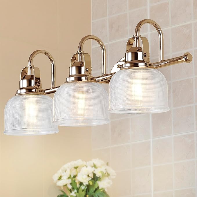 JONATHAN Y 25.25" Brass Gold Modern Bathroom Vanity Light, 3-Light LED Wall Sconce, Clear Glass Bell Shade for Mirror Hallway Kitchen, ETL Listed, LED Bulb Included (JYL7409B)