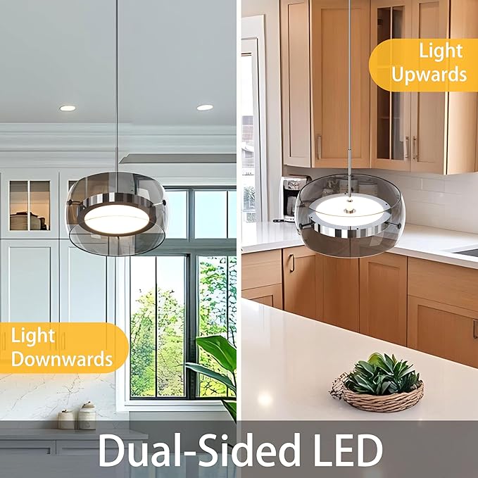 Modern Pendant Lights Kitchen Island, Dual-Sided LED 3-CCT Dimmable Smoked Glass Hanging Lighting Fixture, Adjustable Cable for Dining Room, Bar, Over Table, Sloped Ceiling Chrome Silver