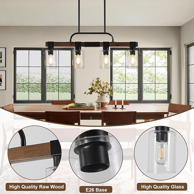 Farmhouse Dining Room Light Fixtures Over Table，Rustic Ceiling Pendant Lights Kitchen Island，4-Light Wood Kitchen Island Lighting Linear Chandelier with Clear Glass lampshade
