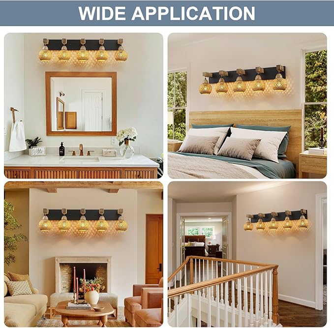 LmnLvn 5-Light Boho Vanity Light, Farmhouse Bathroom Light Fixture, Rattan Bathroom Light Fixture Over Mirror Rustic Vanity Lighting with Handmade Bamboo Shades, Suit for Restroom, Bedroom, Hallway