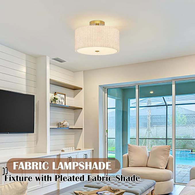 Bagood 3-Light Semi Flush Mount Lights Fixture Drum Ceiling Light with Pleated Fabric Shade Gold Semi Flush Mount Ceiling Lights 16 Inch Close to Light Fixtures for Living Room Hallway