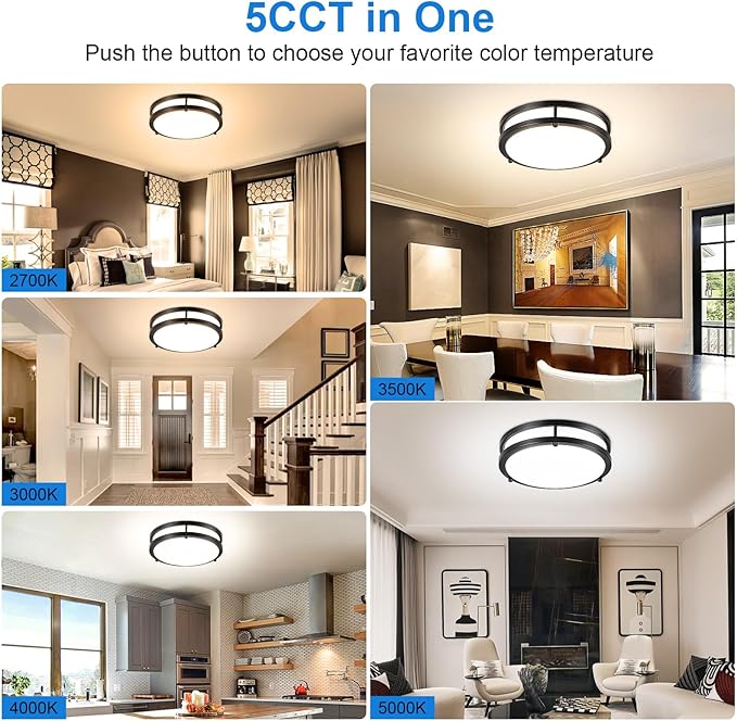 DLLT 2Pack Flush Mount LED Ceiling Light: 10 Inch 5CCT (3000K-6000K) & Dimmable Ceiling Light Fixtures for Bedroom Hallway - 18W Modern Black 1600LM Super Bright Kitchen Lighting Fixtures Ceiling