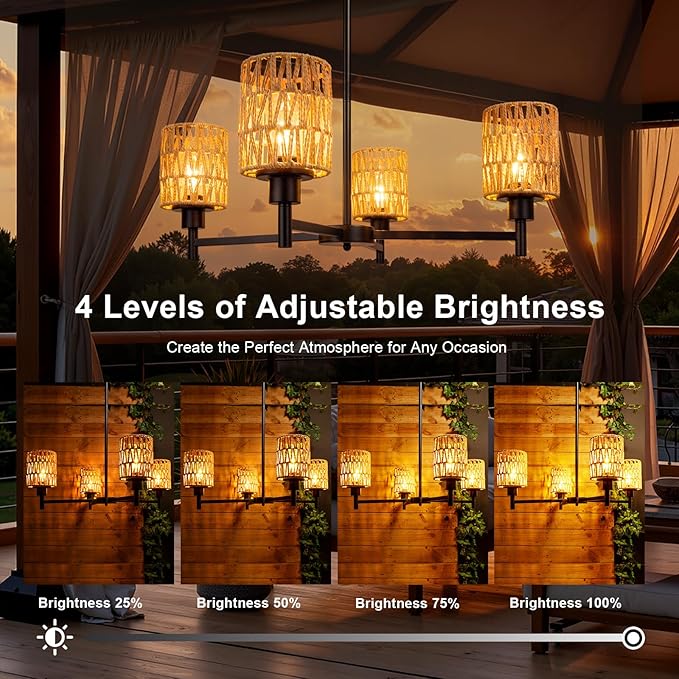 Outdoor Solar Chandelier, 4-Light 28" Hanging Pendant Lights, Rattan Waterproof Dimmable, Outdoor Chandelier for Gazebo, Pergola, Porch, Patio