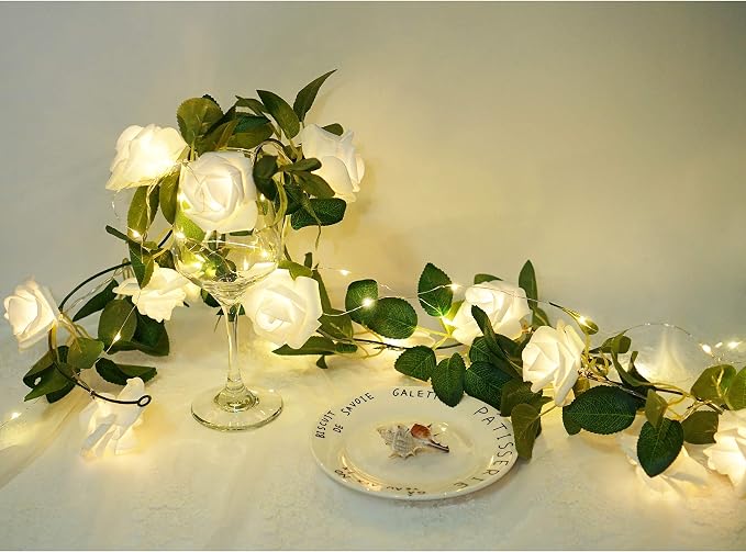Rose Vine Lights with Remote, Battery or USB Operated Artificial Flower Garland, Hanging Fairy Lights for Bedroom Headboard, Valentine‘s Day, Wedding, Romantic Party Décor (White, 6.6)