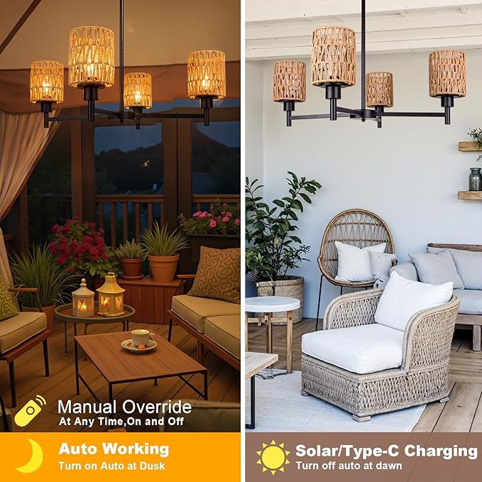 Solar Chandelier Outdoor, 4-Light 28" Hanging Pendant Lights, Rattan Waterproof Dimmable, Outdoor Chandelier for Gazebo, Pergola, Porch, Patio