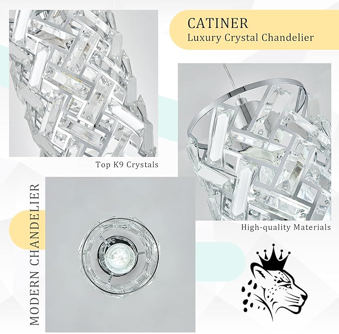 CATINER Modern Chrome Pendant Light, Mini Crystal Chandelier, Adjustable Lighting Fixture for Kitchen Island, Dining Room, Bedroom (Set of 3)