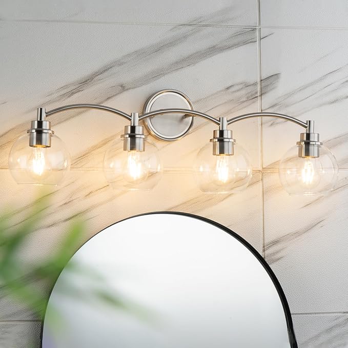 4-Light Bathroom Light Fixture, Brushed Nickel Vanity Light Over Mirror, Globe Glass Wall Sconce, VL02BN-4