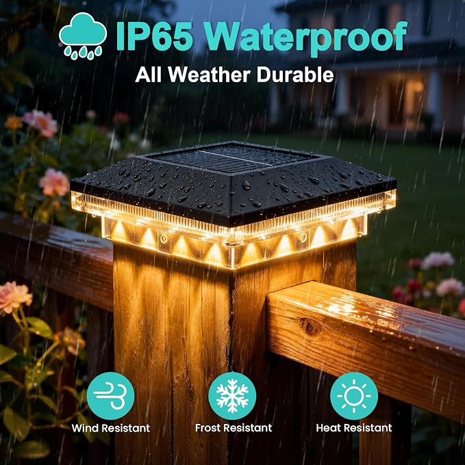 Brightever 4x4 Solar Post Cap Lights Outdoor with 3 Lighting Modes, 6-Pack Solar Powered Fence Post Lights Waterproof Fits Wooden/Vinyl Posts, Solar Deck Post Lights for Garden Patio Porch, Black