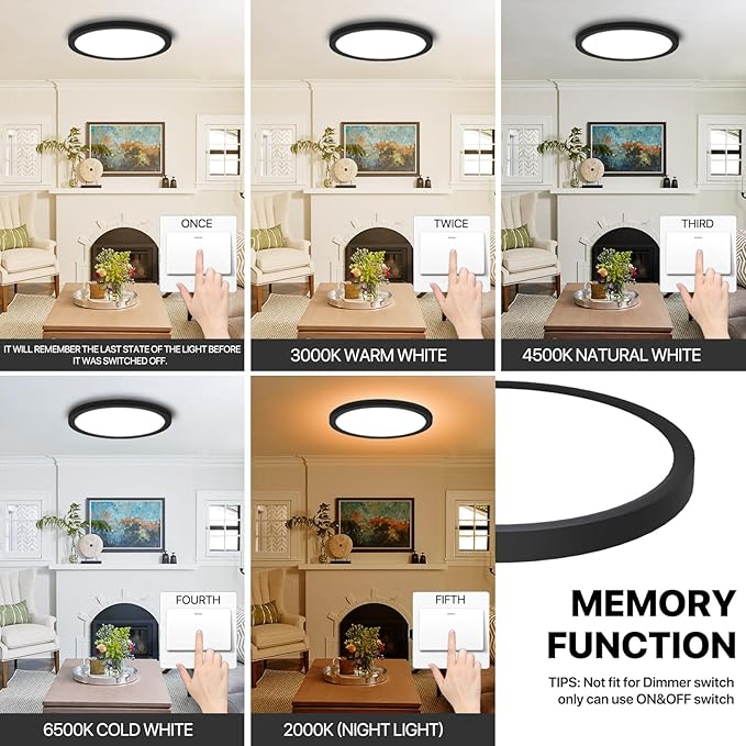 2Pack Dimmable LED Flush Mount Ceiling Light Fixture with Remote Control, 24W 2400LM, 12Inch, 2000K Warm Night Light & 3000K-6500K, Modern Super Slim Ceiling Lamp for Bedroom Kitchen, Black