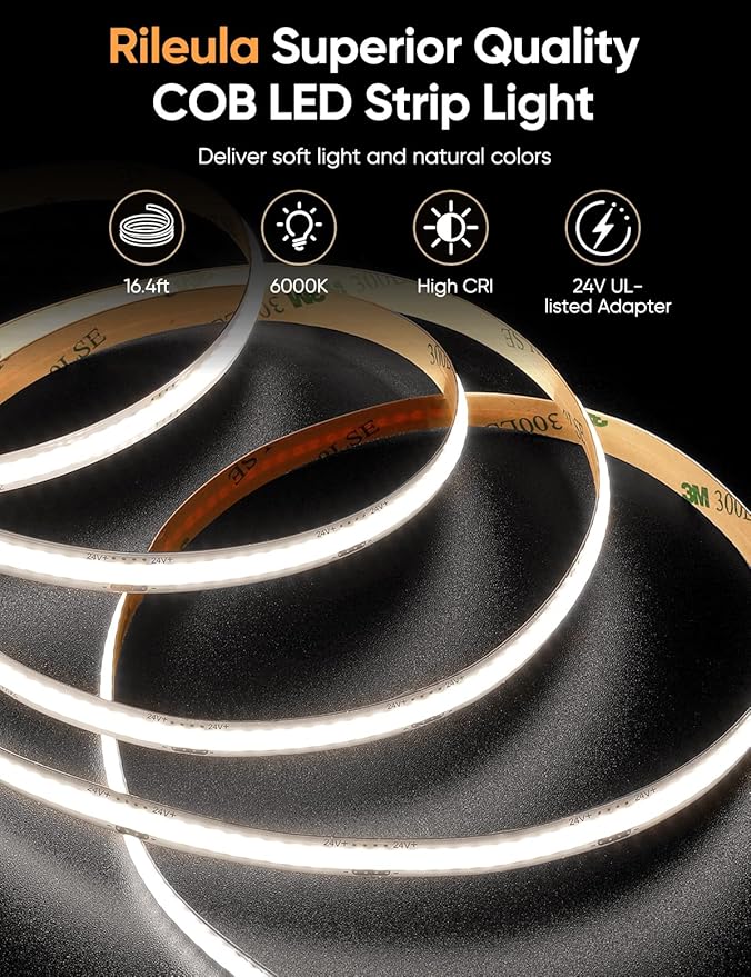 COB LED Strip Lights 6000K Cold White DC24V 16.4ft/5m CRI90+ Super Bright Dimmable Flexible LED Tape Lights with Music Sync Smart App RF Remote Control for Living Room Ceiling Cabinet Lighting