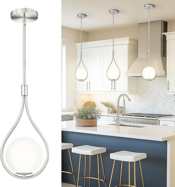 AUTELO Modern Pendant Lights Kitchen Island, 1-Light Pendant Lights in Brushed Nickel Finish with Milky White Globe Glass, Nickel Pendant Light Fixtures, Hanging Lamp for Kitchen Island H9377 MGST