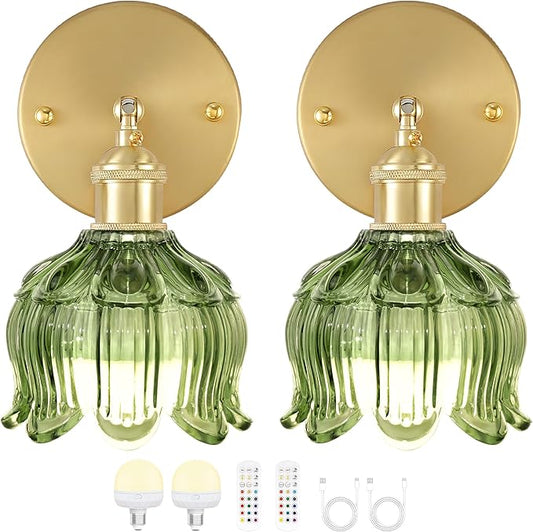 Wireless Wall Sconce with Flower lampshade, Battery Operated Wall Lights,Wall lamp with 15 Colors for Bedroom Living Room Home Decor (Green, 2 Light Battery Operated)