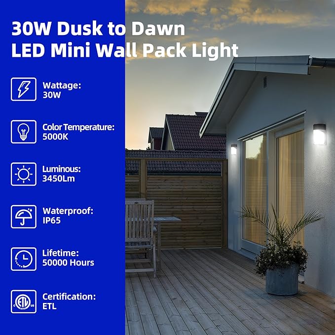 hykolity 30W LED Wall Pack Light with Photocell, 3450LM 5000K Daylight Dusk to Dawn 120V Outdoor Wall Mount Light, 150-250W MH/HPS Replacement, Waterproof Security Lighting - 4 Pack