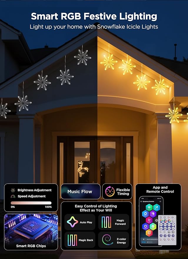 Brightown Smart Christmas Snowflake Lights, 36ft 288LED with 24 Drops Outdoor Icicle Lights with Music Sync & APP Control, Waterproof Connectable, 80+ Scene Modes for Roof, Yard, Window, Patio