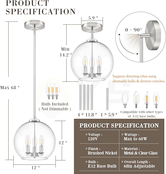 12" Globe Pendant Lights Kitchen Island 2 Pack Glass Globe Pendant Light Fixture Bedroom Mid Century Modern Pendant Lighting Nickel Pendant Light for Kitchen Island (Bulb Incl.)