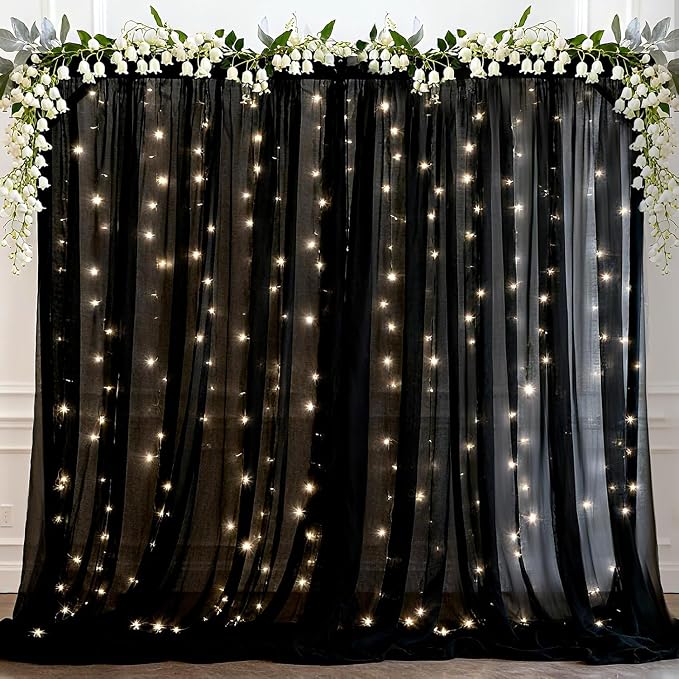 Ledido 10×8ft Black Tulle Backdrop Curtains with Lights String - 300LED Fairy Lights Sheer Curtain Backdrop for Wedding Baby Shower Photo Shoot Birthday Party Decoration(2 Panels 5×8ft)，Black