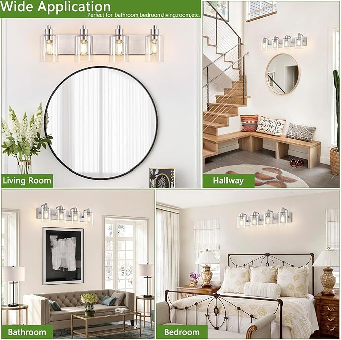 Dpyrrhic Brushed Nickel Bathroom Light Fixtures, Wall Mounted 4-Light Bathroom Lights Over Mirror with Clear Glass Shade,Wall Sconces for Kitchen Living Room Bedroom