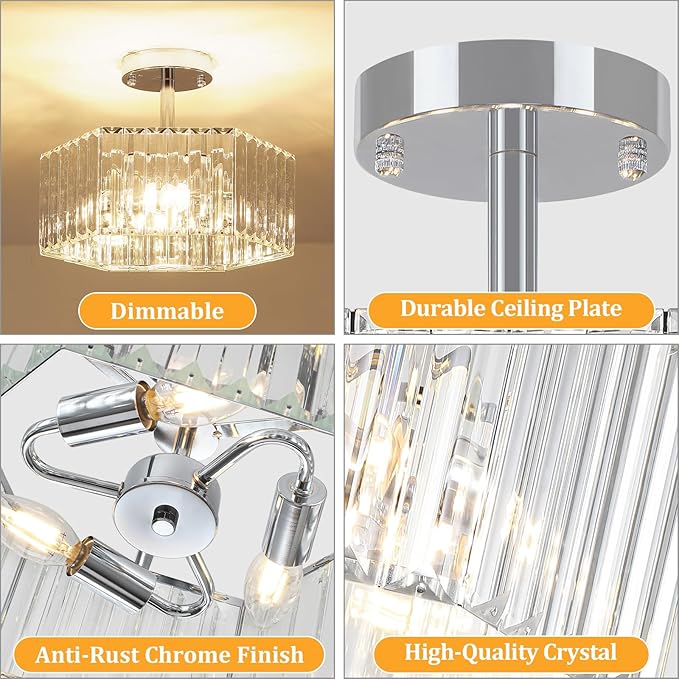 TOULMJ Crystal Semi Flush Mount Ceiling Light, 3-Light Modern Close to Ceiling Light Fixtures, Chrome Hallway Light Fixtures Flush Mount Chandelier for Entryway Kitchen Bedroom Bathroom Laundry Room
