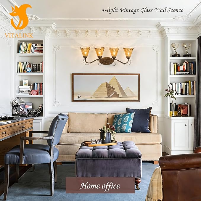 VitaLink 4-Light Bathroom Vanity Light 29.5" Rustic Amber Glass Wall Sconces for Bathroom Over Vanity Mirror Wall Lamp for Living Room Hallway E26