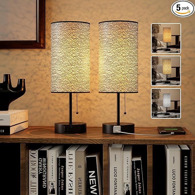 YIDPU Table Lamp for Bedroom,Nightstand Lamp for Bedside with AC Outlets,Adjustable 3color LED Light Desk Lamp for Home Decor,Included Bulb and Lamp Shade (Black-OnlyAC, 2PCS)