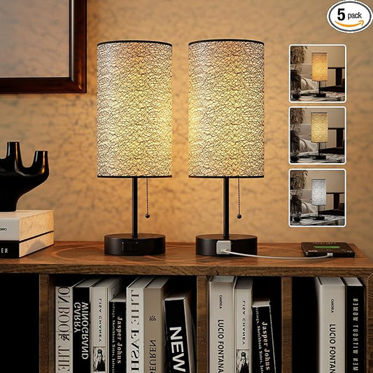 YIDPU Table Lamp for Bedroom,Nightstand Lamp for Bedside with AC Outlets,Adjustable 3color LED Light Desk Lamp for Home Decor,Included Bulb and Lamp Shade (Black-OnlyAC, 2PCS)