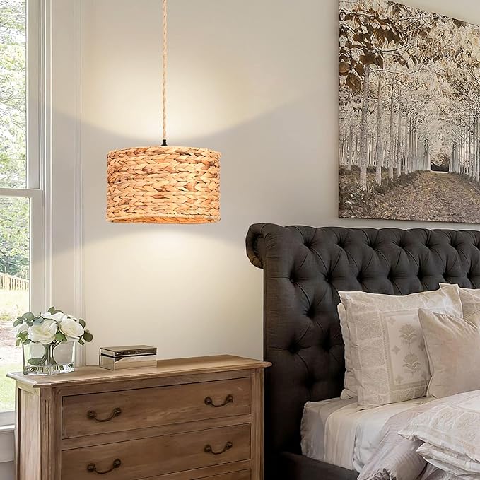 ZECOXOL Rattan Plug in Pendant Light Boho Hanging Lights with Plug in Cord & Dimmable Switch,Indoor Hanging Lamp Plug in Wicker Woven Lampshade for Living Room Bedroom Dinning Island