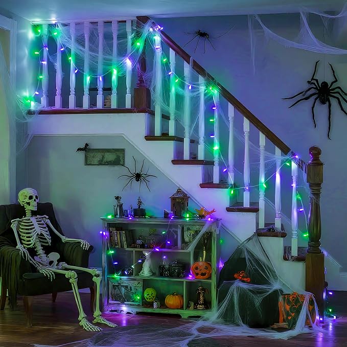 JMEXSUSS 2 Pack Purple and Green Halloween Lights, Total 200 LED 8 Modes Halloween String Lights Plug in, Each 33ft Connectable Christmas Lights Indoor Outdoor for Tree Porch Fireplace Decor