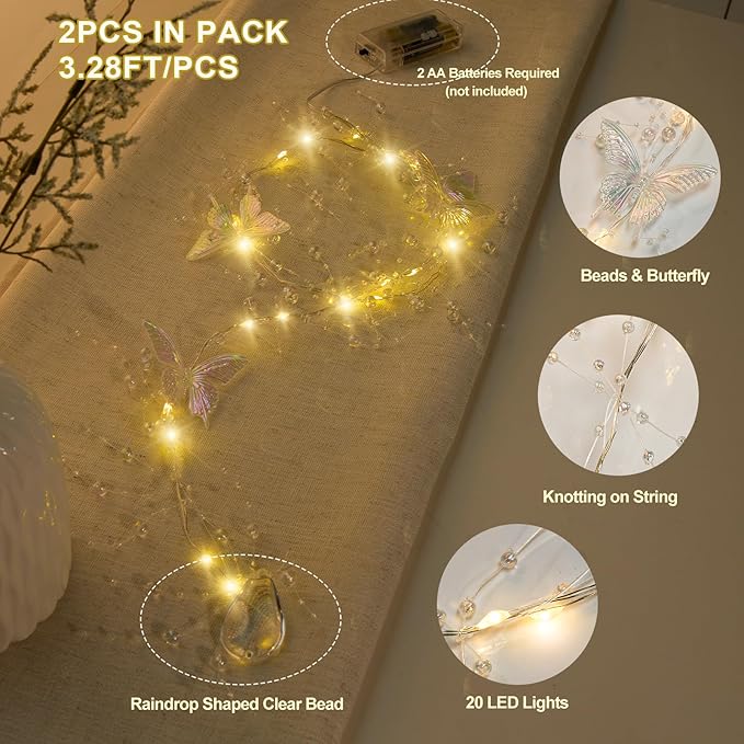 AdasBridal Iridescent Butterfly Fairy Lights, 3.28ft LED Lights Battery Operated, 3-8mm Artificial Beads Mixed 4 Butterflies String Light for Indoor Bedroom Christmas Wedding Party Dorm (2pcs)
