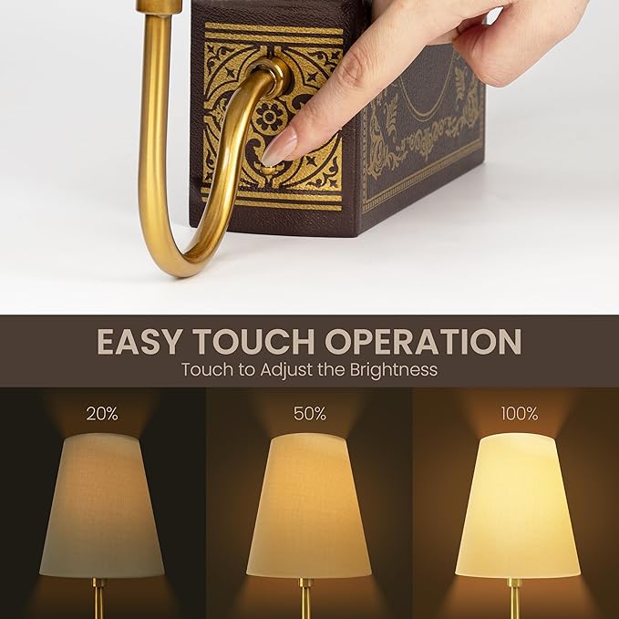 AELS Vintage Bookshelf Lamp with Bulb, Cordless Touch Dimmable Table Lamp with Linen Fabric Shade, Battery Operated, Modern Farmhouse, Book Sconce for Office Home Bedroom, Tree of Life Brown & Gold
