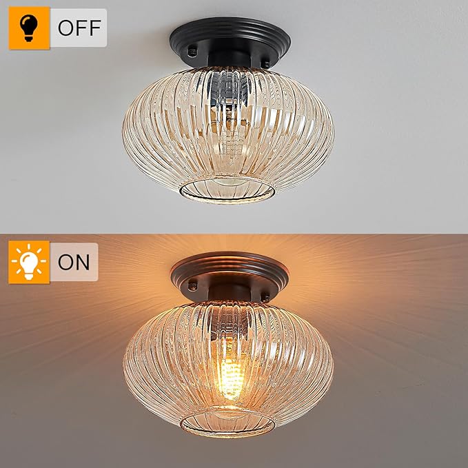 Semi Flush Mount Ceiling Light, Black Vintage Kitchen Ceiling Lights, Amber Striped Glass Close to Ceiling Light Fixtures for Living Room, Hallway, Bedroom