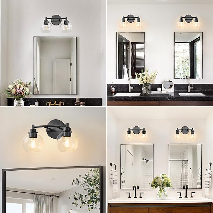 Black Bathroom Vanity Lights, 2-Light Wall Sconce with Glass Globe Shade, Vanity Lighting for Bathroom/Bedroom/Dressing Room, Vertical/Horizontal Mounted, E26 Bulb Base (Bulb Not Included)