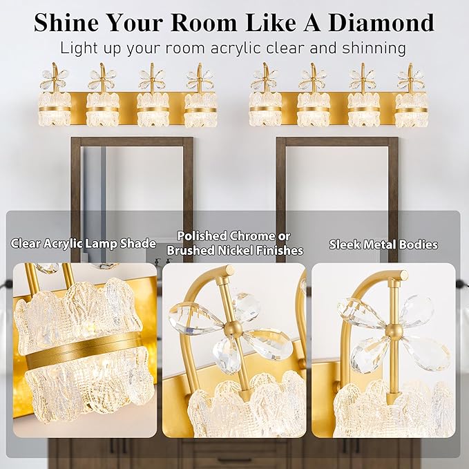 Bathroom Lights Over Mirror - Makeup Lighting Gold - Bathroom Vanity Light with Acrylic Shades for Bath, Makeup Desk, Farmhouse, Hallway, 4-Light