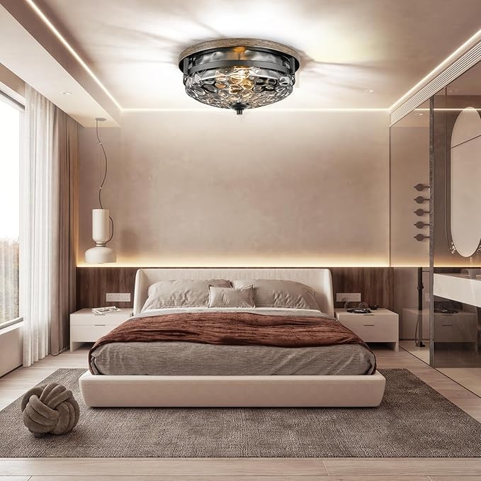 Edwarmlux Flush Mount Ceiling Lights, 2-Light Farmhouse Close to Ceiling Light, Industrial Ceiling Lighting Fixture for Kitchen Hallway Bedroom Living Room Stairways Porch (Water Ripple Glass)